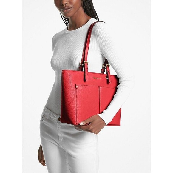 New Michael Kors Jet Set Travel Medium Double Pocket Tote Bright Red - Picture 2 of 3